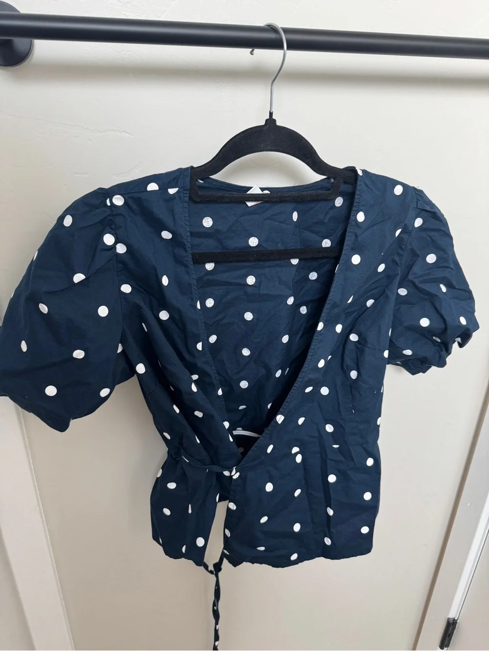 Old Navy Navy and White Polka Dot Wrap Blouse
